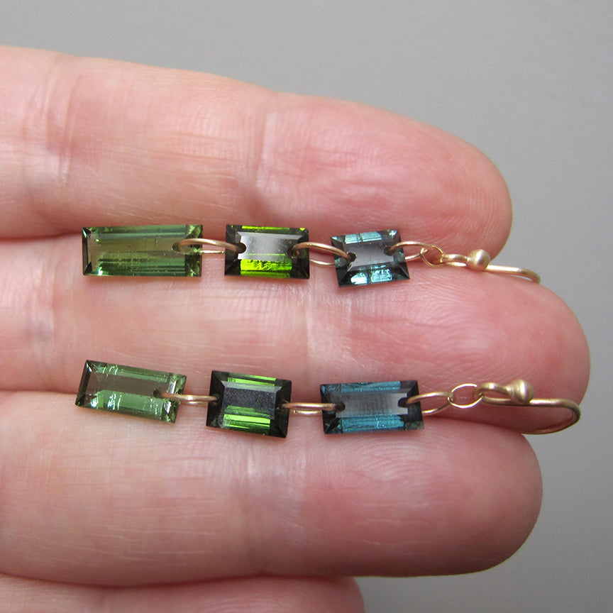 blue green tourmaline triple baguette mismatched solid 14k gold earrings8