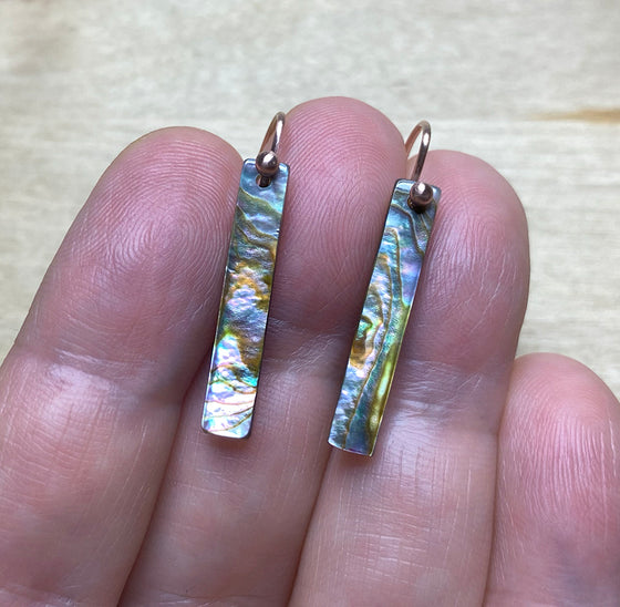 Custom Listing for Courtney --- Rainbow Moonstone Double Rectangle Links and Abalone Sticks Solid 14k Gold Earrings