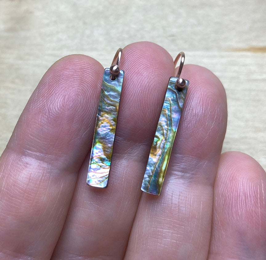 Custom Listing for Courtney --- Rainbow Moonstone Double Rectangle Links and Abalone Sticks Solid 14k Gold Earrings