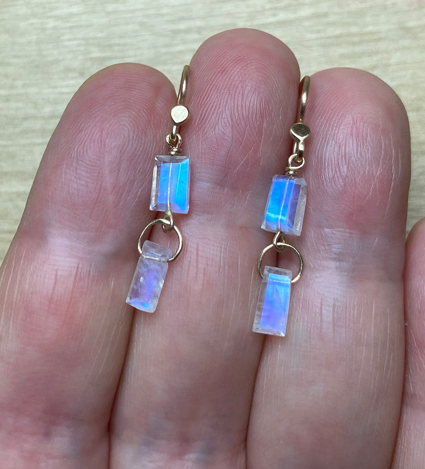 Custom Listing for Courtney --- Rainbow Moonstone Double Rectangle Links and Abalone Sticks Solid 14k Gold Earrings