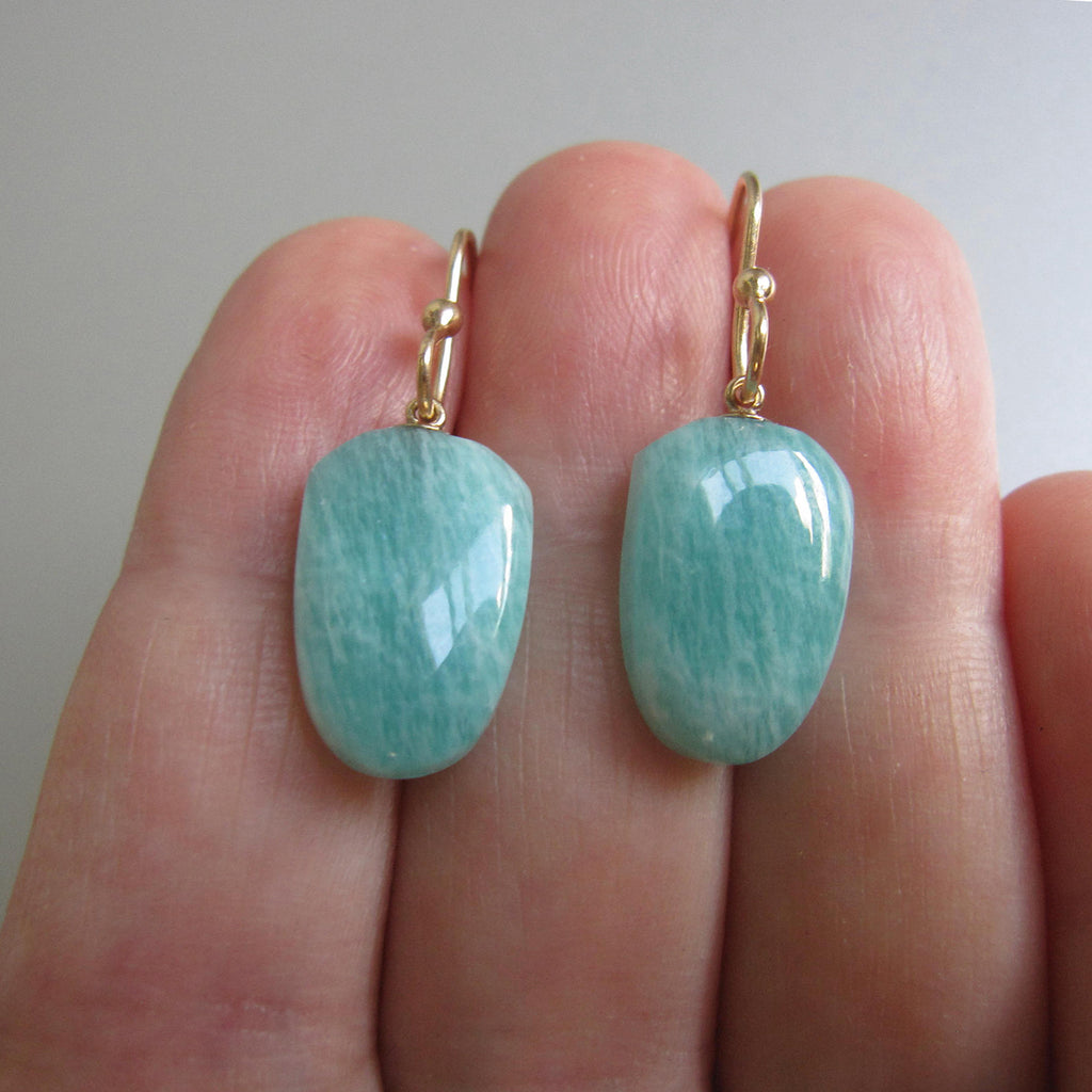 Reserved for Nina --- Blue Amazonite Shield Drops, Solid 14k Yellow Gold Earrings