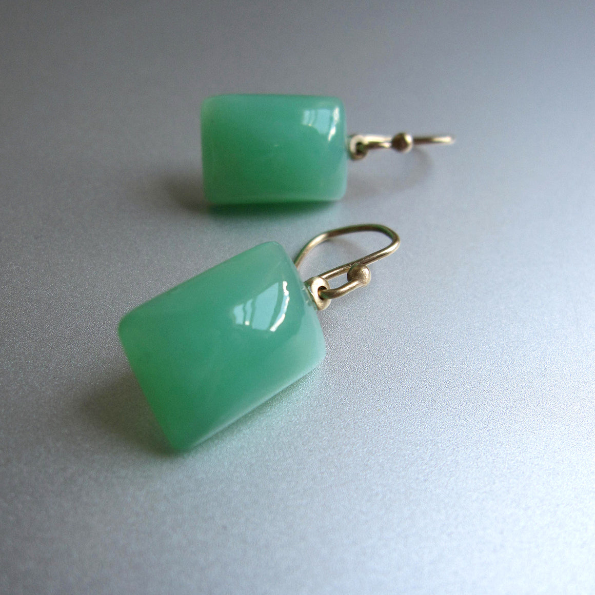 jade green chrysoprase cushion drops solid 14k gold earrings