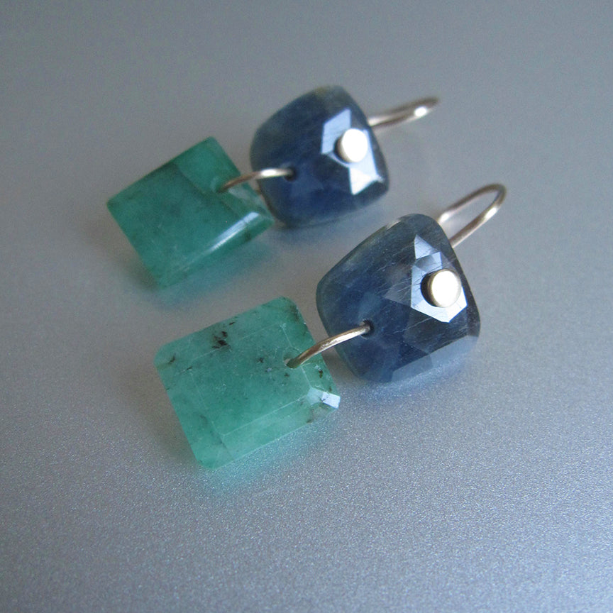Blue Sapphire and Emerald Double Drops Solid 14k Gold Earrings
