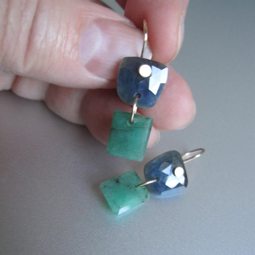 Blue Sapphire and Emerald Double Drops Solid 14k Gold Earrings2