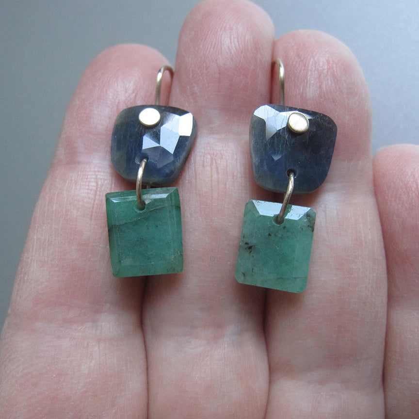 Blue Sapphire and Emerald Double Drops Solid 14k Gold Earrings5