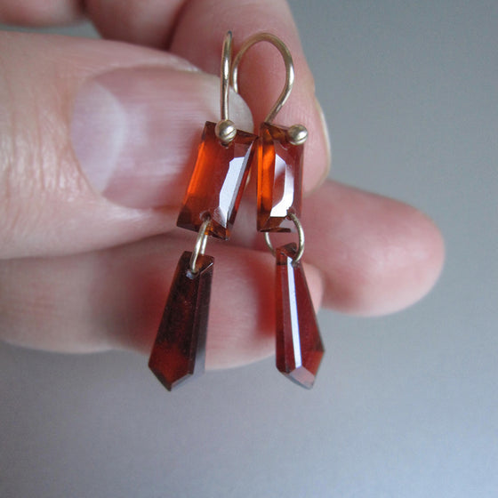 hessonite garnet baguette and kite shaped double drops solid 14k gold earrings