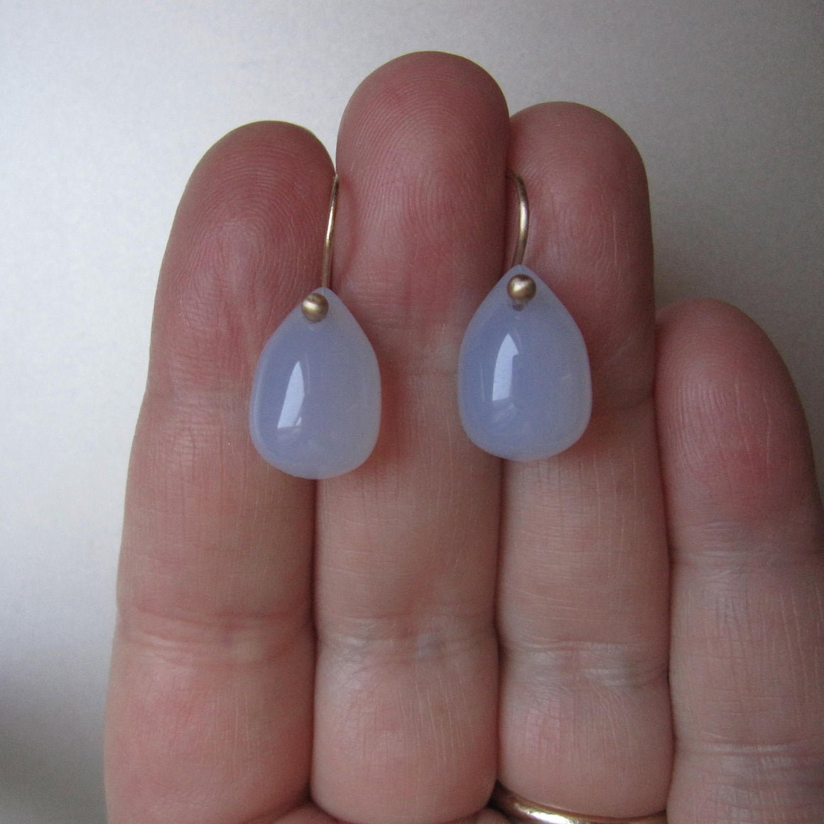 smooth blue chalcedony drops solid 14k gold earrings