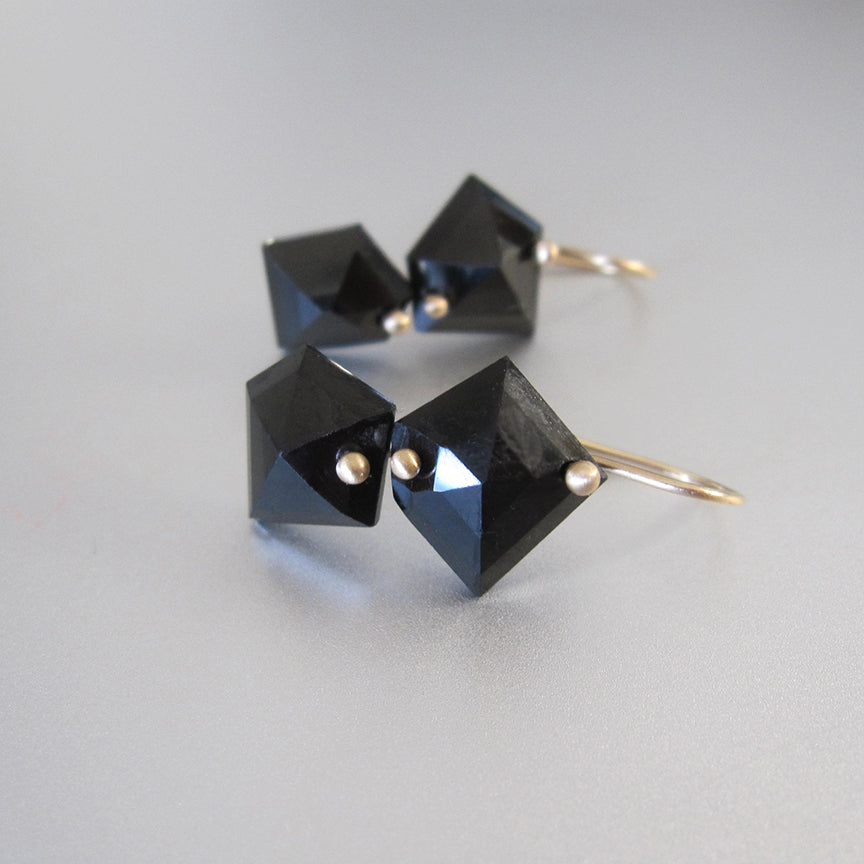 Mismatched geometric black spinel double drops solid 14k gold earrings2