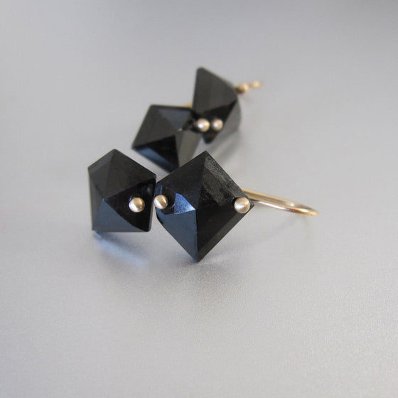 Mismatched geometric black spinel double drops solid 14k gold earrings