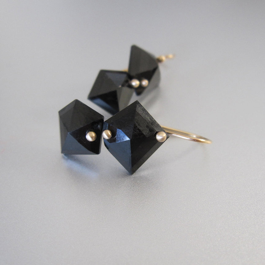 Mismatched geometric black spinel double drops solid 14k gold earrings