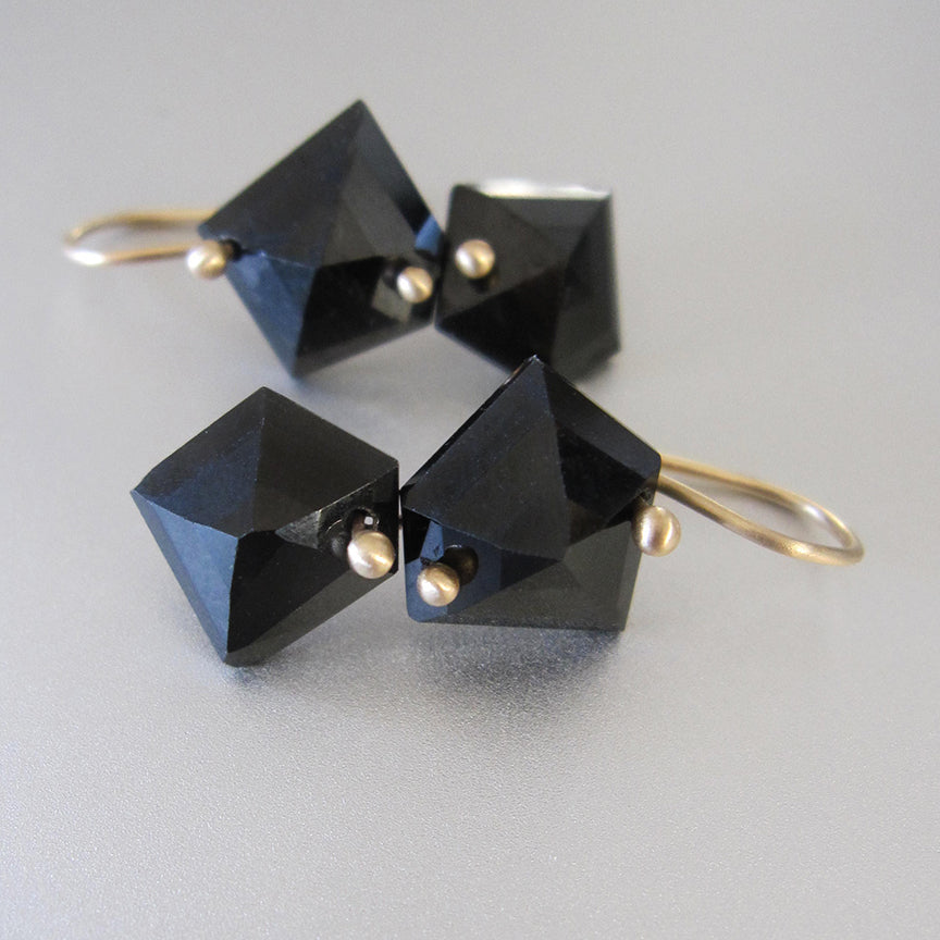 Mismatched geometric black spinel double drops solid 14k gold earrings3