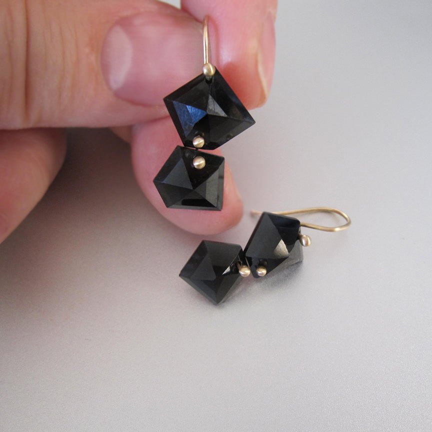 Mismatched geometric black spinel double drops solid 14k gold earrings4