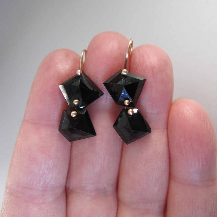 Mismatched geometric black spinel double drops solid 14k gold earrings4