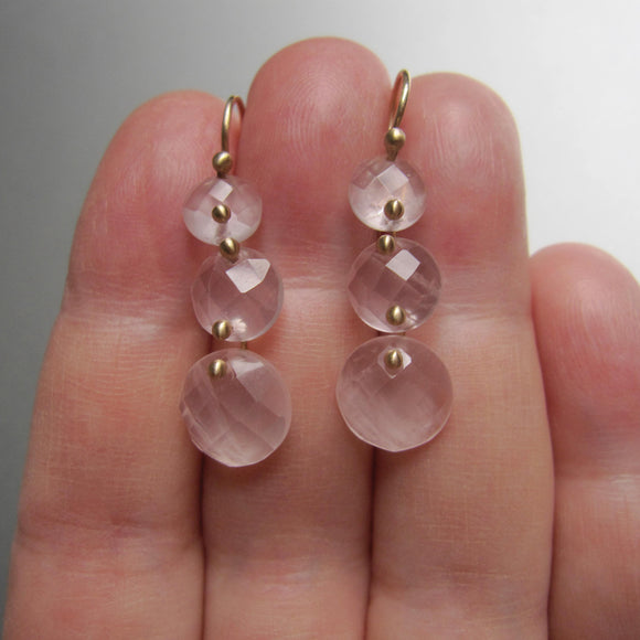 rose quartz faceted three button drops solid 14k gold earrings