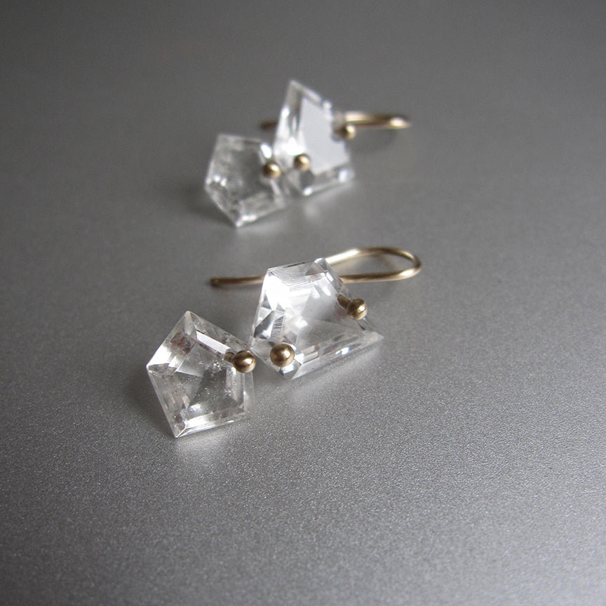 Mismatched geometric rock crystal quartz double drops solid 14k gold earrings3