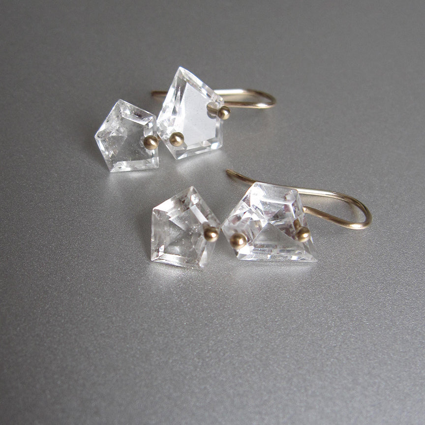 Mismatched geometric rock crystal quartz double drops solid 14k gold earrings