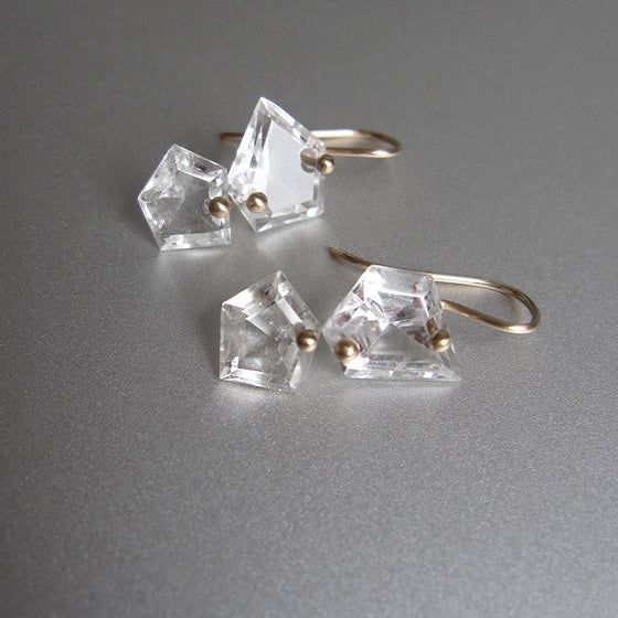 Mismatched geometric rock crystal quartz double drops solid 14k gold earrings