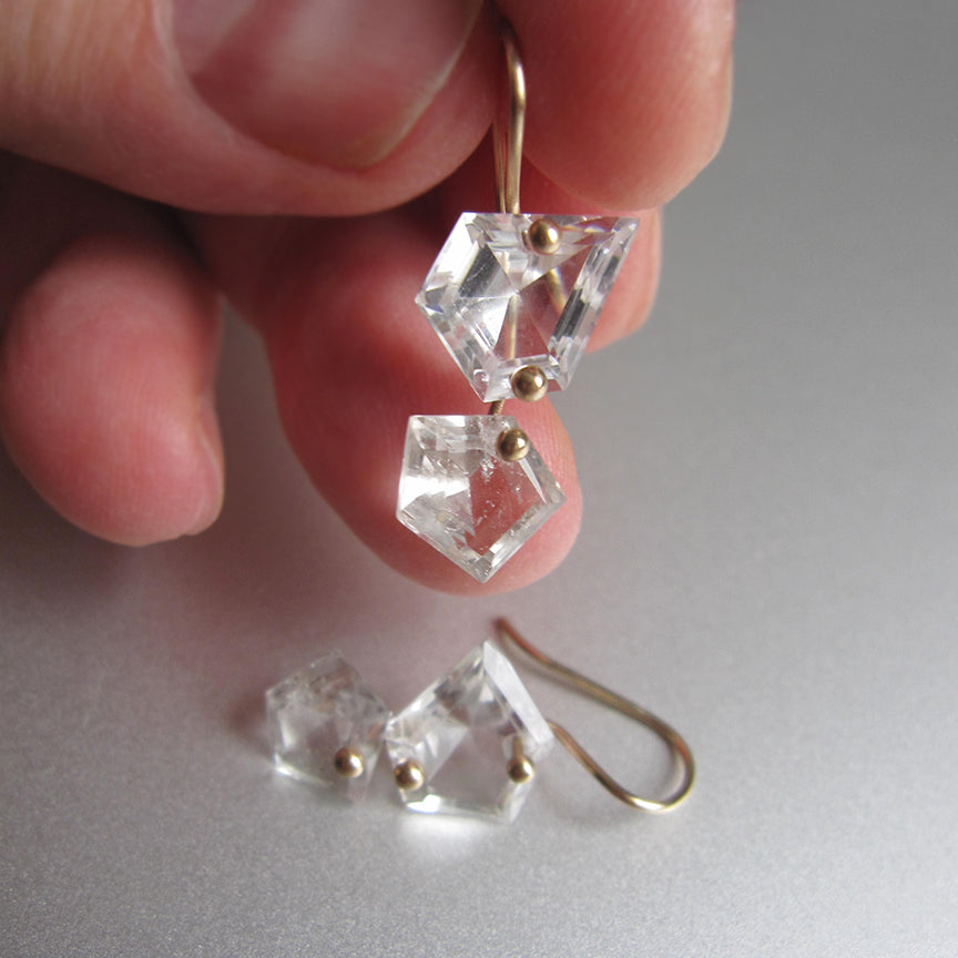 Mismatched geometric rock crystal quartz double drops solid 14k gold earrings5