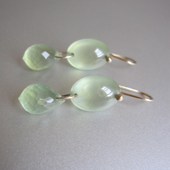 smooth and faceted prehnite double drop solid 14k gold earrings