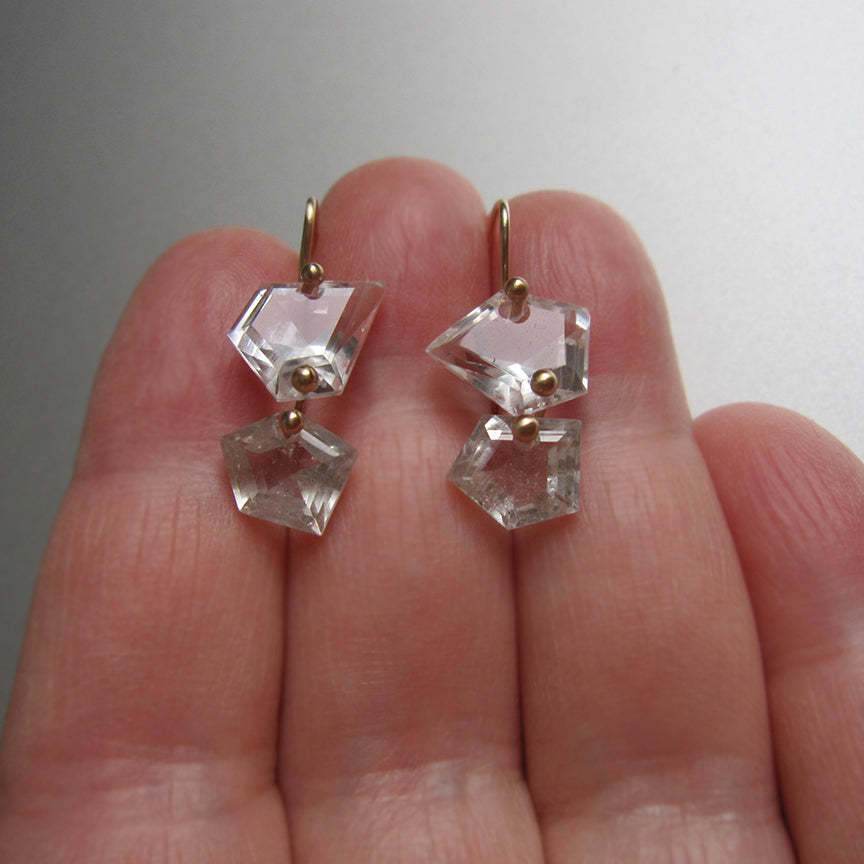 Mismatched geometric rock crystal quartz double drops solid 14k gold earrings6