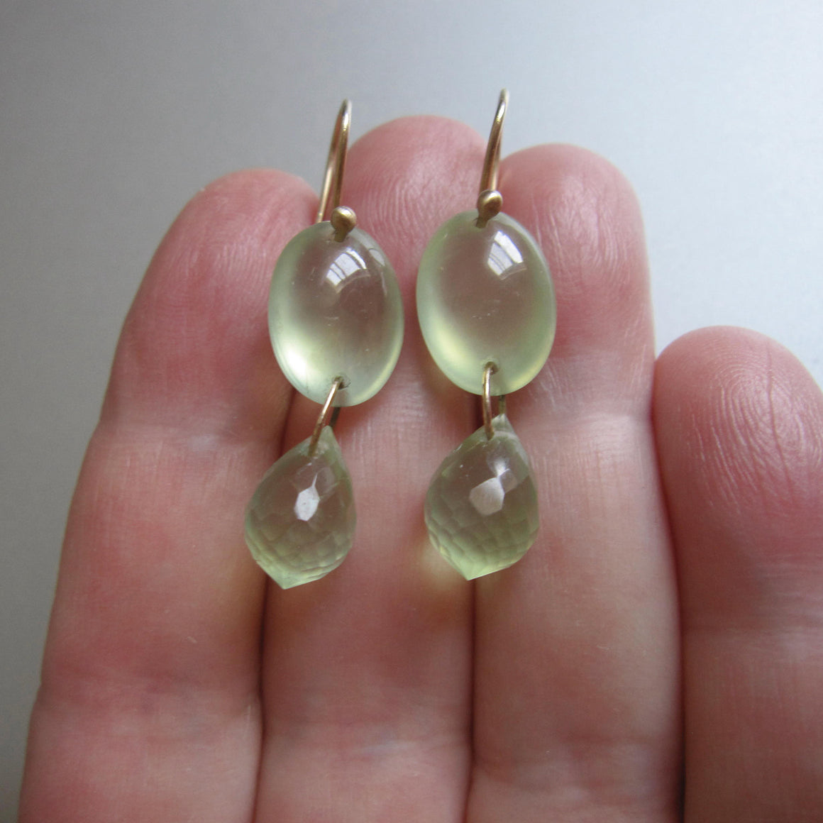 smooth and faceted prehnite double drop solid 14k gold earrings