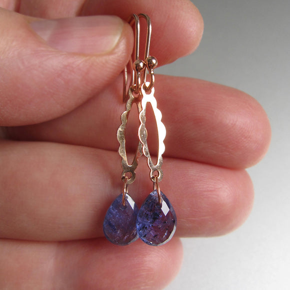 Rose Gold Scalloped Links with Tanzanite Dangles Solid 14k Rose Gold Earrings