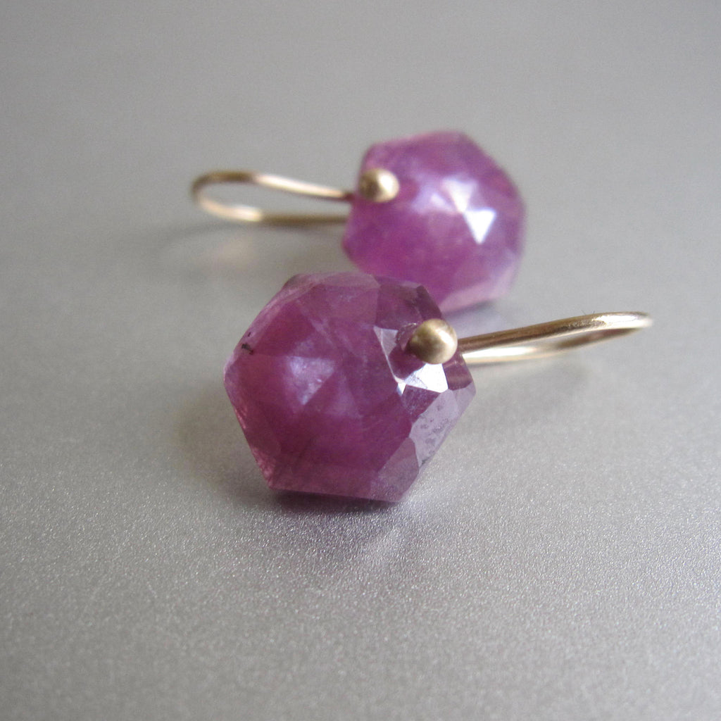 pink ruby small hexagonal drops solid 14k gold earrings