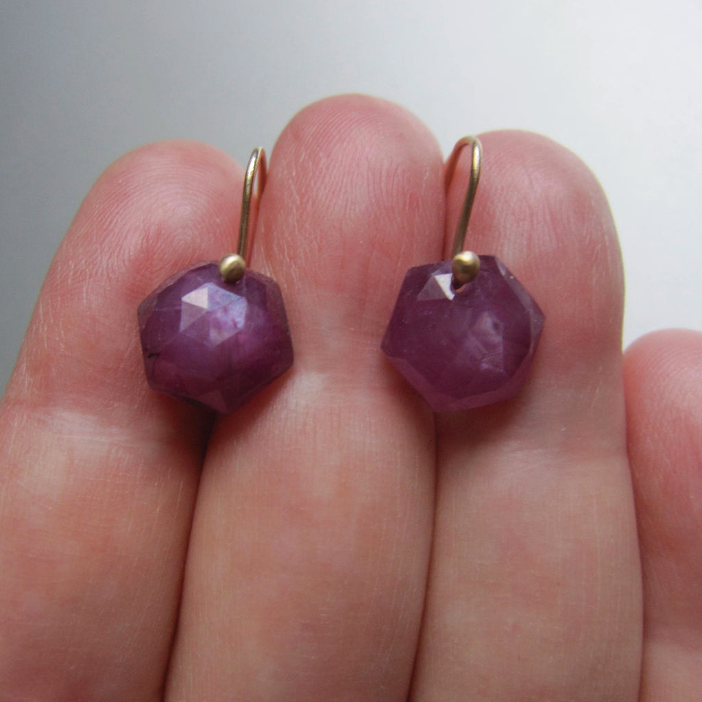 Small Pink Ruby Hexagonal Drops, Solid 14k Gold Earrings