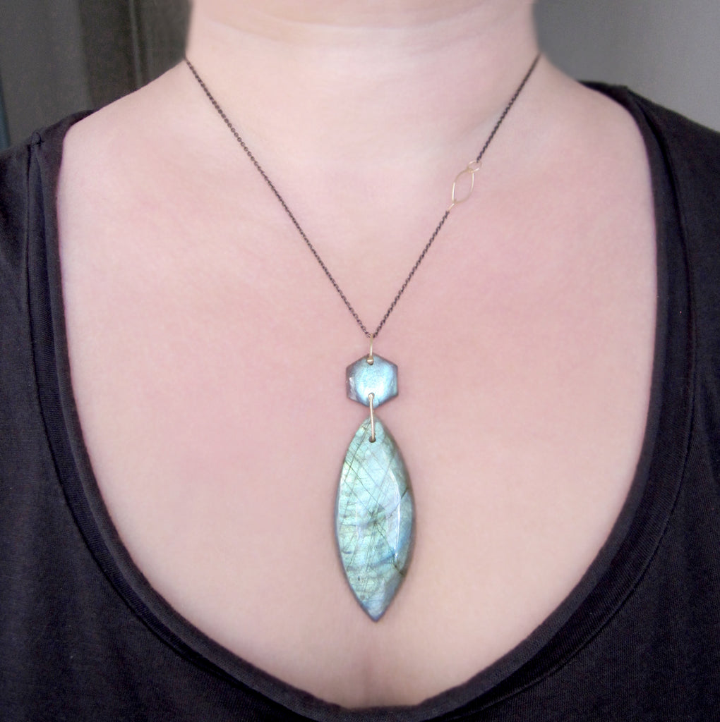 labradorite double stone pendant mied metal darkened sterling solid 14k gold accent chain