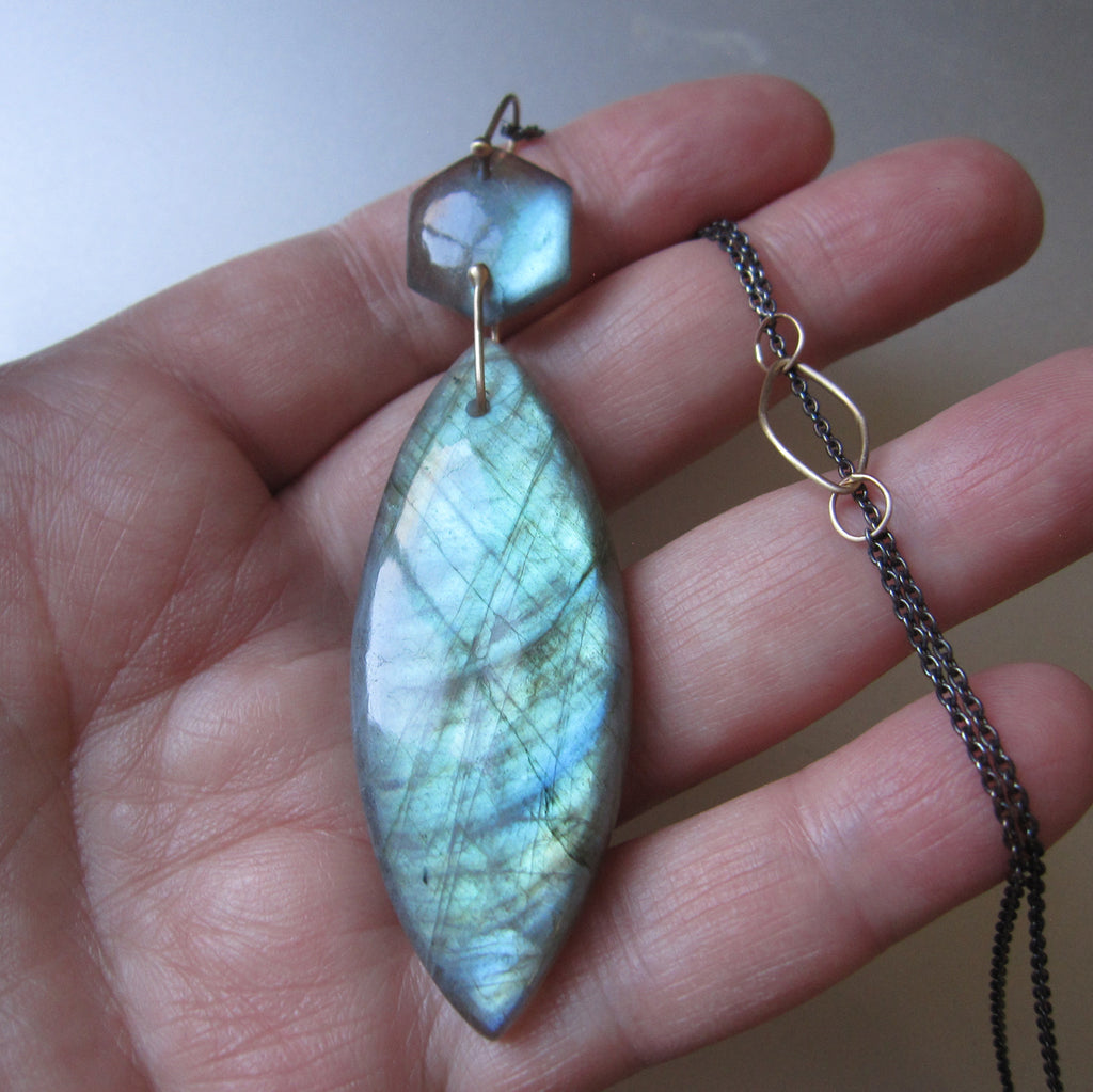 labradorite double stone pendant mied metal darkened sterling solid 14k gold accent chain3