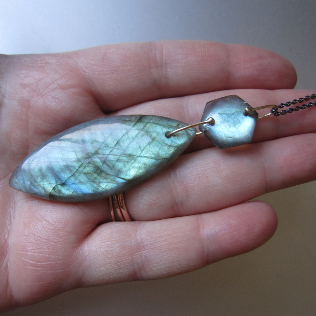 labradorite double stone pendant mied metal darkened sterling solid 14k gold accent chain5