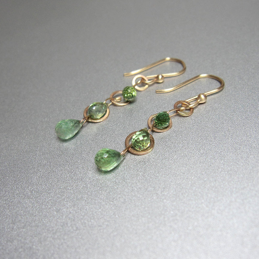 green tourmaline briolette triple drops and hammered loops solid 14k gold earrings3