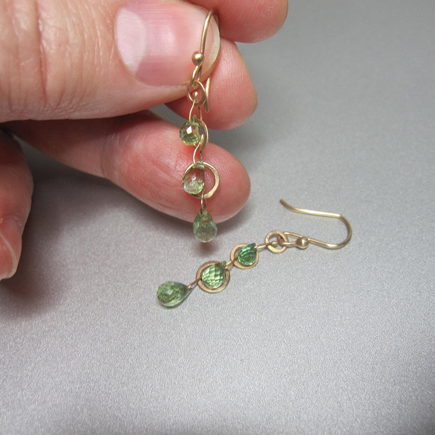green tourmaline briolette triple drops and hammered loops solid 14k gold earrings4