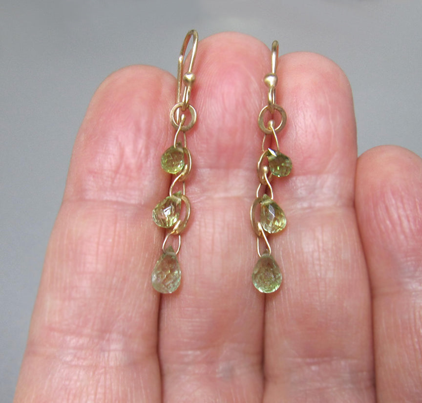 green tourmaline briolette triple drops and hammered loops solid 14k gold earrings5