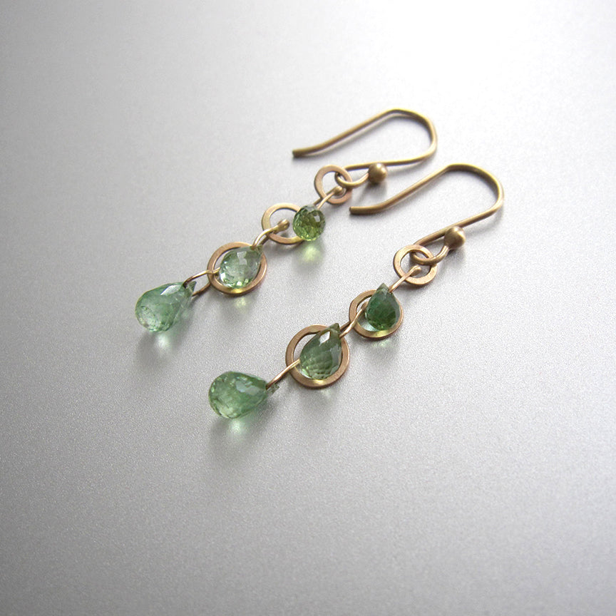 green tourmaline briolette triple drops and hammered loops solid 14k gold earrings6