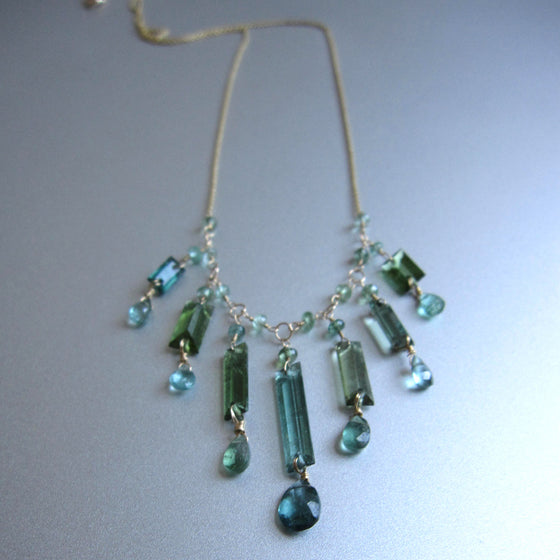 green blue tourmaline fringe solid 14k gold necklace