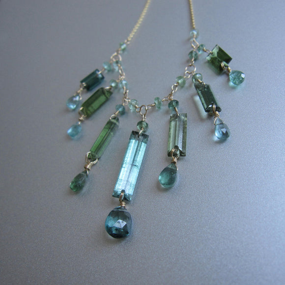 green blue tourmaline fringe solid 14k gold necklace