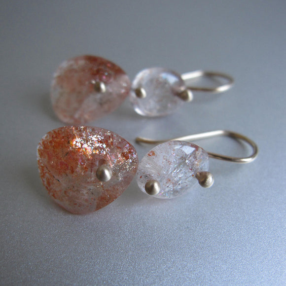 sunstone double drop oval and rose cut slice solid 14k gold earrings