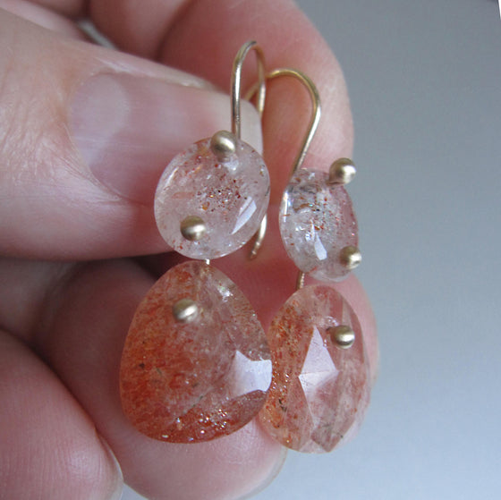 sunstone double drop oval and rose cut slice solid 14k gold earrings