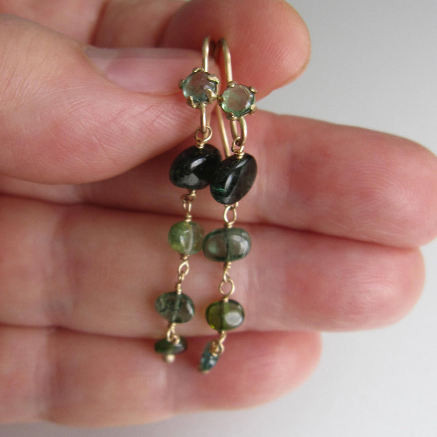 blue and green tourmaline pebble multistone solid 14k gold earrings