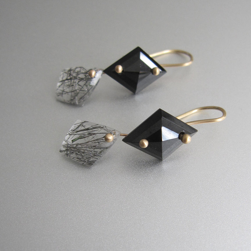 Black Spinel and Tourmalated Quartz Double Kite Drops, Solid 14k Gold Earrings