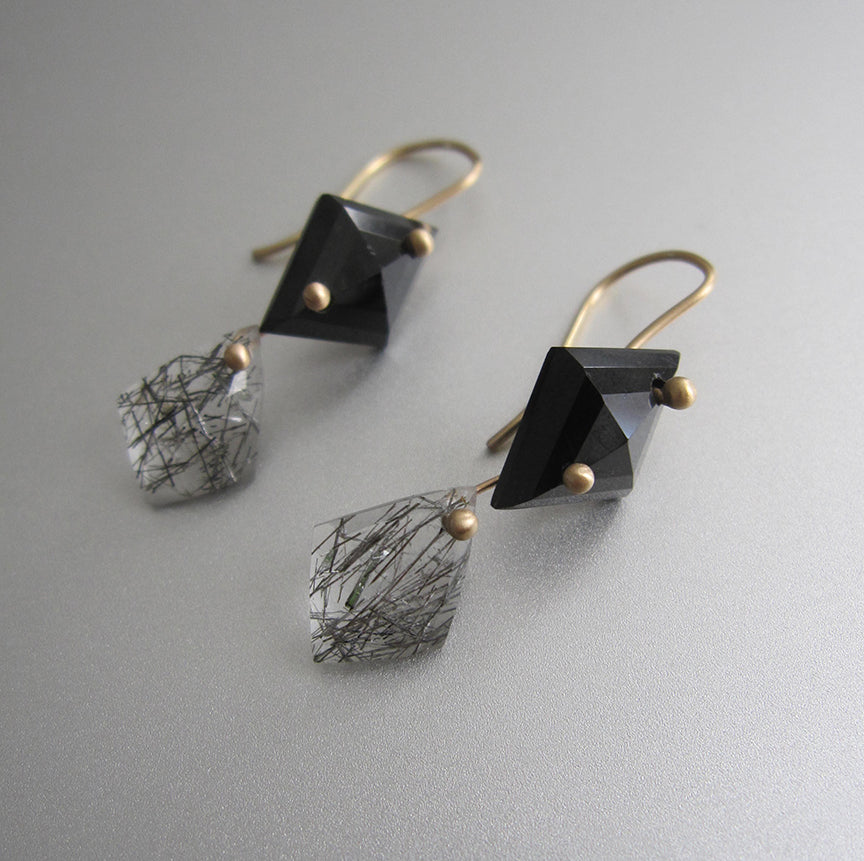 Black Spinel and Tourmalated Quartz Double Kite Drops, Solid 14k Gold Earrings
