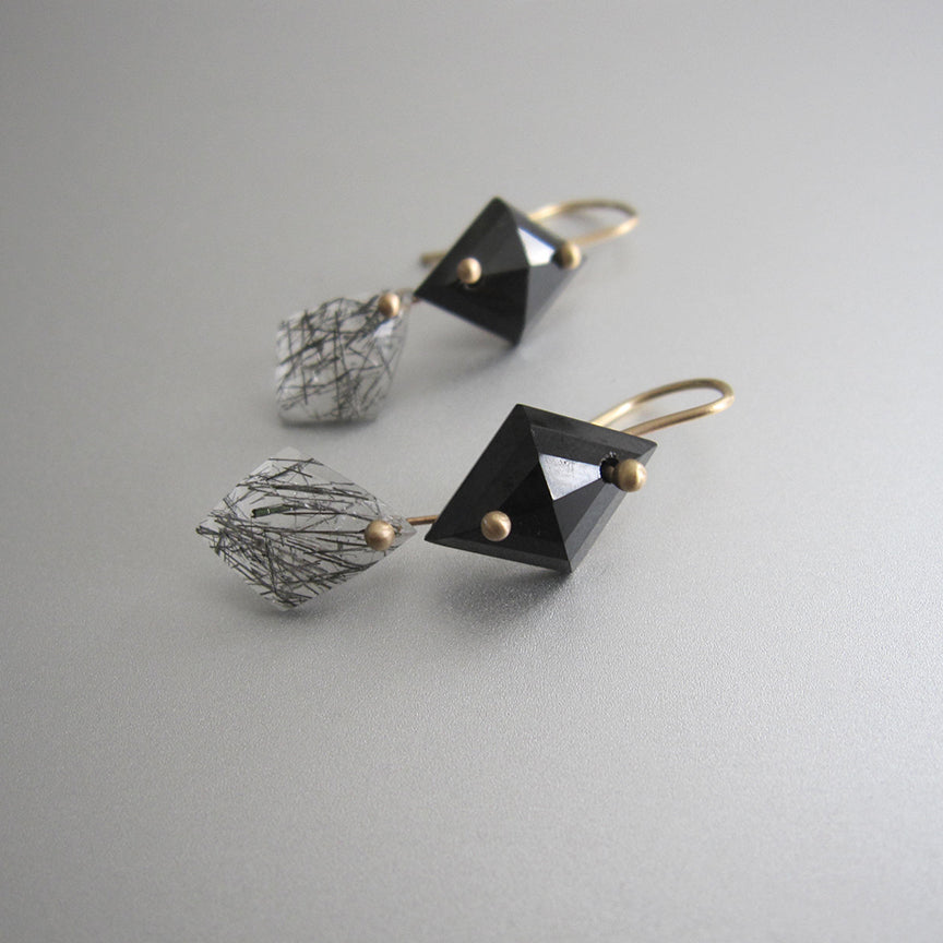 Black Spinel and Tourmalated Quartz Double Kite Drops, Solid 14k Gold Earrings