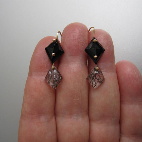 Black Spinel and Tourmalated Quartz Double Kite Drops, Solid 14k Gold Earrings