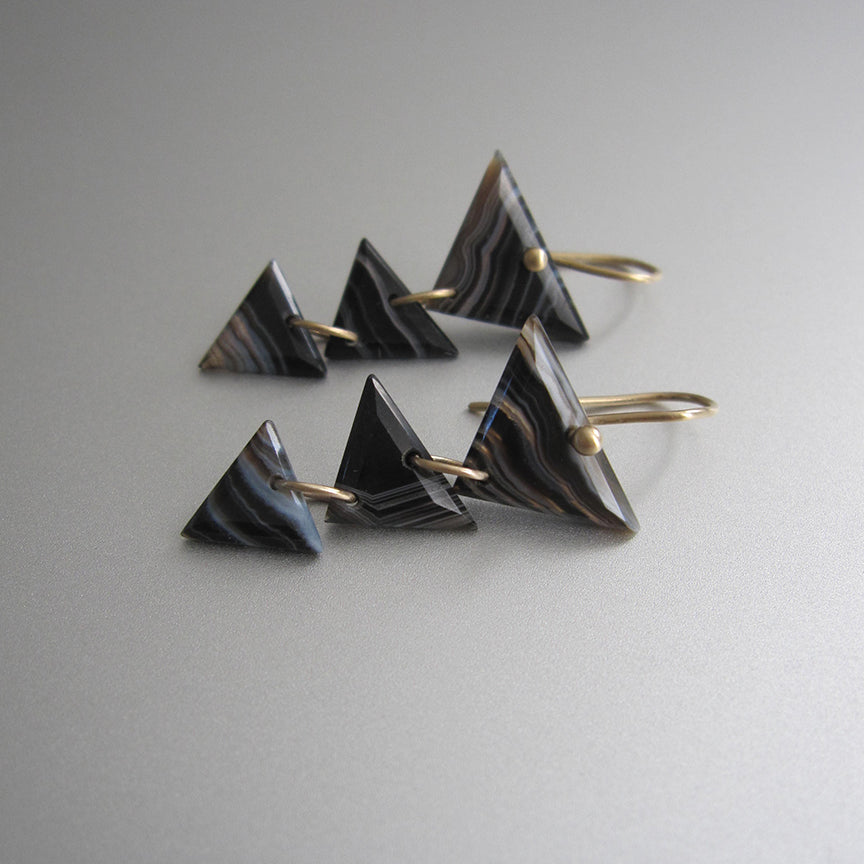 striped black and white agate triangle triple drops solid 14k gold earrings3