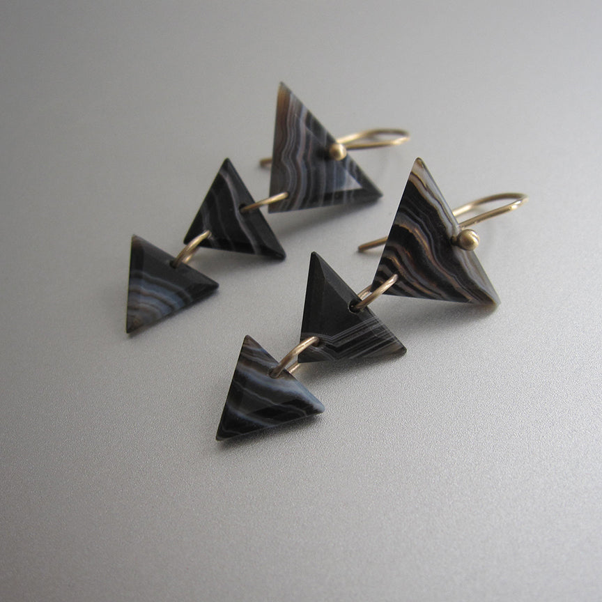 striped black and white agate triangle triple drops solid 14k gold earrings2