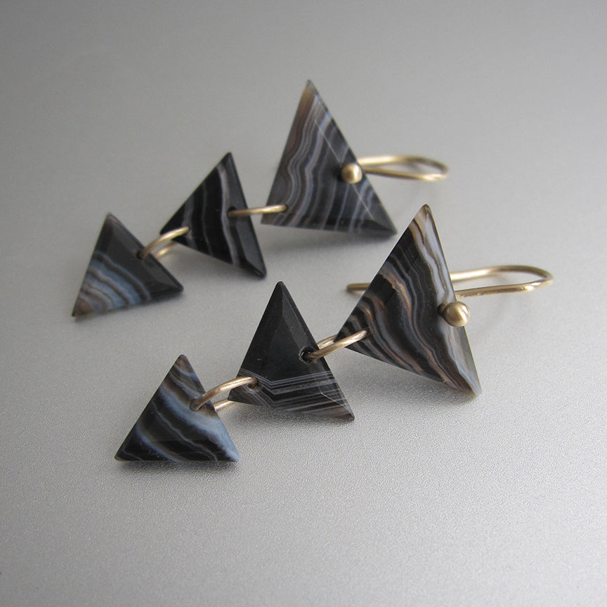 striped black and white agate triangle triple drops solid 14k gold earrings4