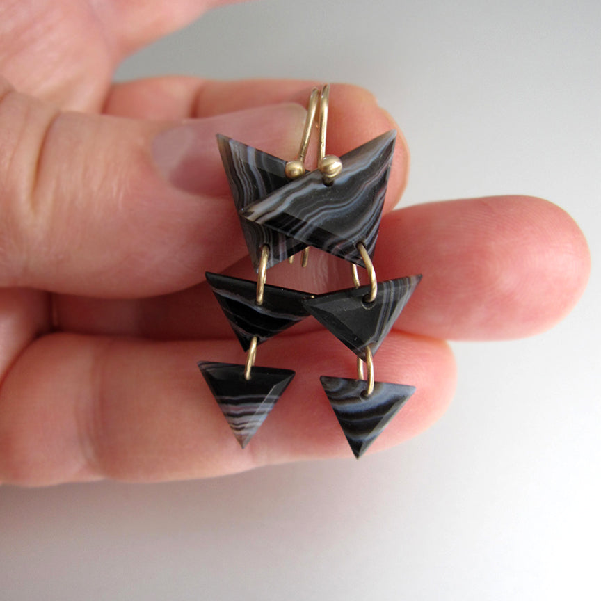 striped black and white agate triangle triple drops solid 14k gold earrings