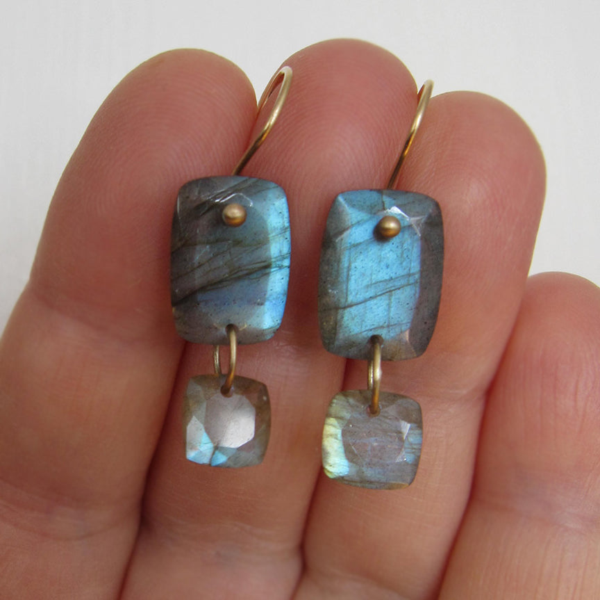 labradorite double cushion drops solid 14k gold earrings