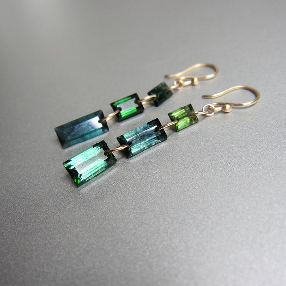 triple mismatched green tourmaline baguette solid 14k gold earrings